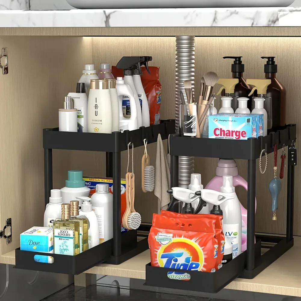 Organiseur coulissant à 2 niveaux pour sous-évier, tiroir de rangement multifonctionnel compact pour salle de bain