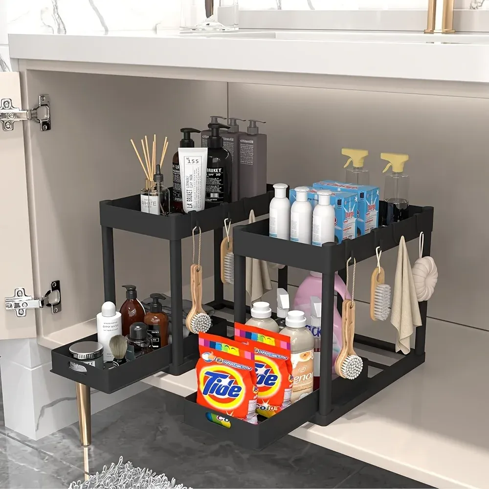 Organiseur coulissant à 2 niveaux pour sous-évier, tiroir de rangement multifonctionnel compact pour salle de bain 5