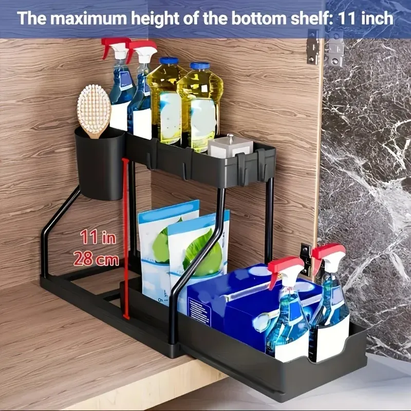 Organiseur coulissant à 2 niveaux pour sous-évier, tiroir de rangement multifonctionnel compact pour salle de bain 7