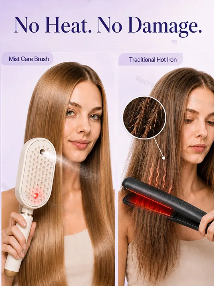 Brosse lissante électrique sans chaleur avec pulvérisation fine, soin à la lumière rouge, utilisation sur cheveux humides et secs, charge rapide 3