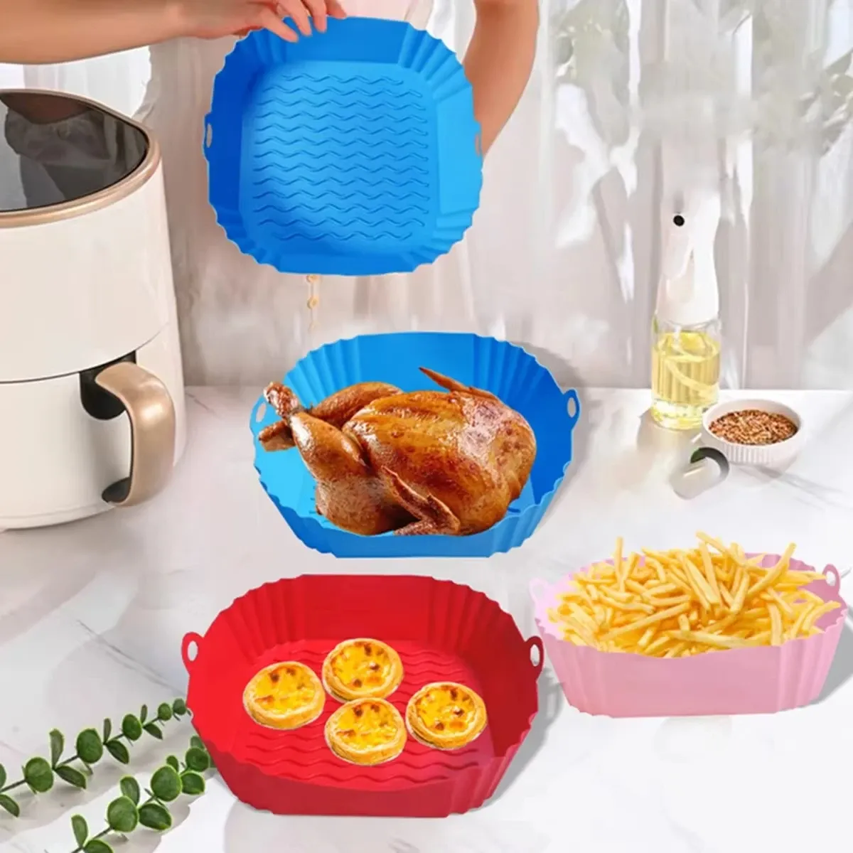 Plateau en silicone pour friteuse à air, alimentaire, carré et réutilisable, tapis de cuisson pour barbecue, four à air chaud et moule de cuisson 1