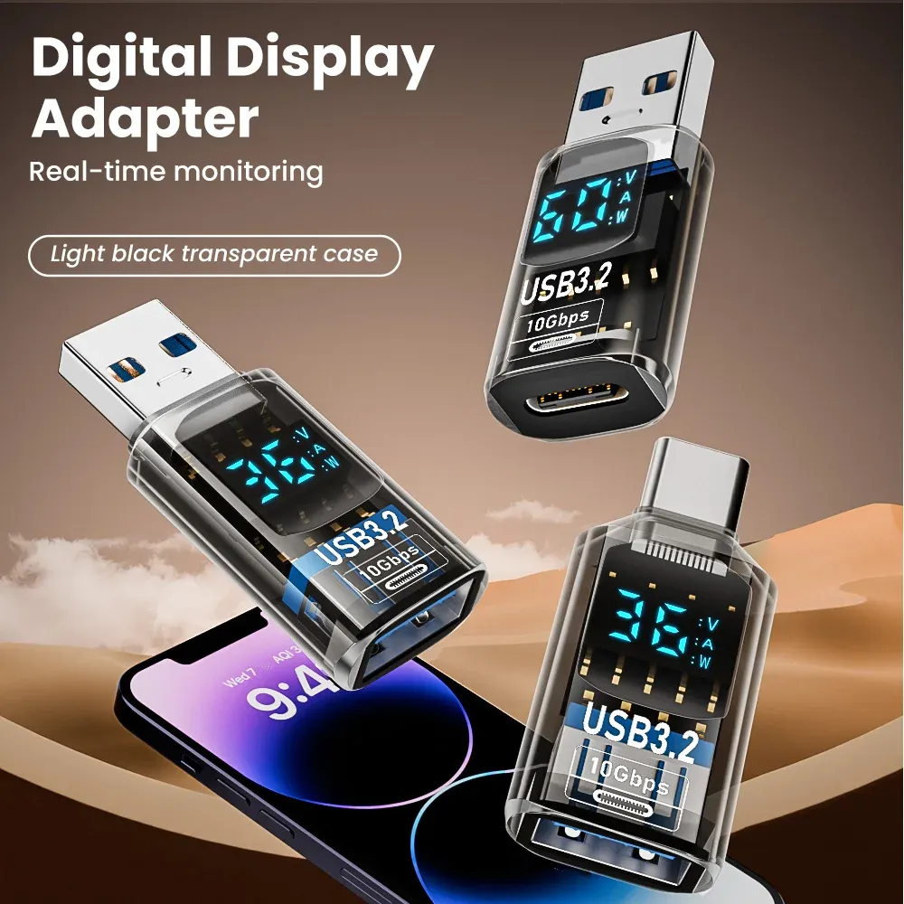 Adaptateur USB 3.2 avec affichage numérique, USB-A vers USB-C, transfert de données et charge rapide 60 W, convertisseur USB-C pour PC, iPhone 15 et Samsung 2