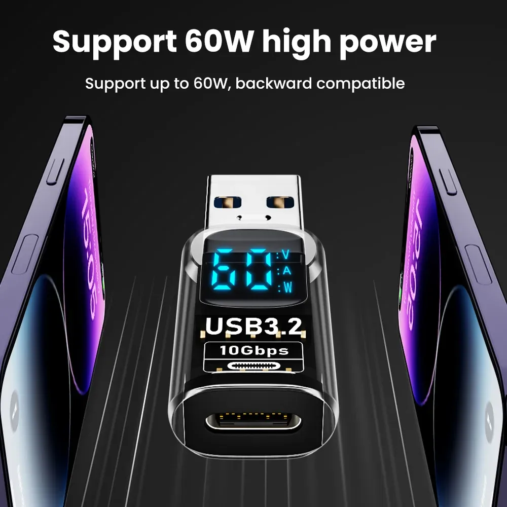 Adaptateur USB 3.2 avec affichage numérique, USB-A vers USB-C, transfert de données et charge rapide 60 W, convertisseur USB-C pour PC, iPhone 15 et Samsung 3
