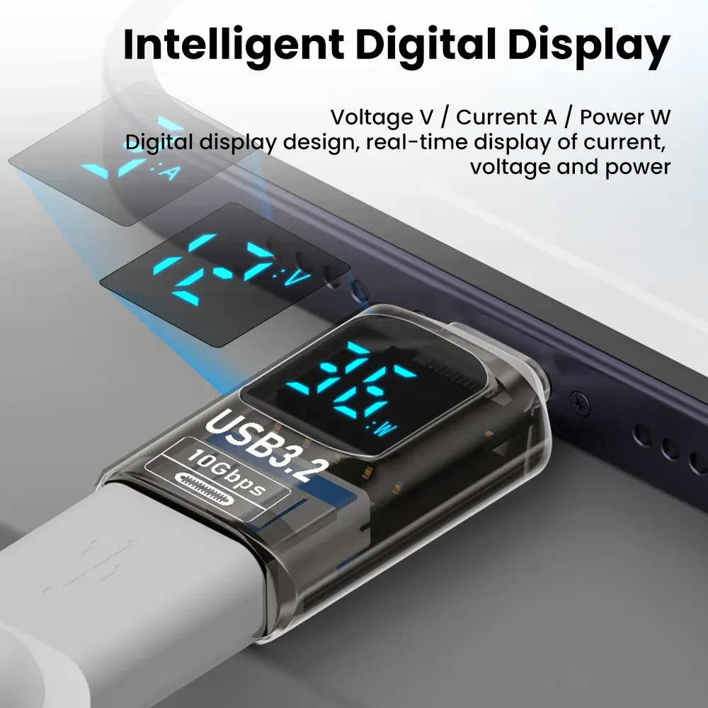 Adaptateur USB 3.2 avec affichage numérique, USB-A vers USB-C, transfert de données et charge rapide 60 W, convertisseur USB-C pour PC, iPhone 15 et Samsung 5