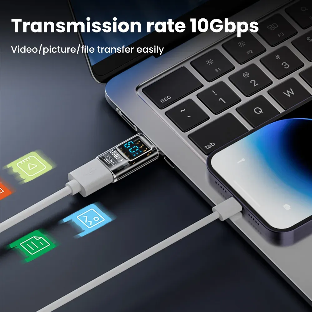 Adaptateur USB 3.2 avec affichage numérique, USB-A vers USB-C, transfert de données et charge rapide 60 W, convertisseur USB-C pour PC, iPhone 15 et Samsung 6
