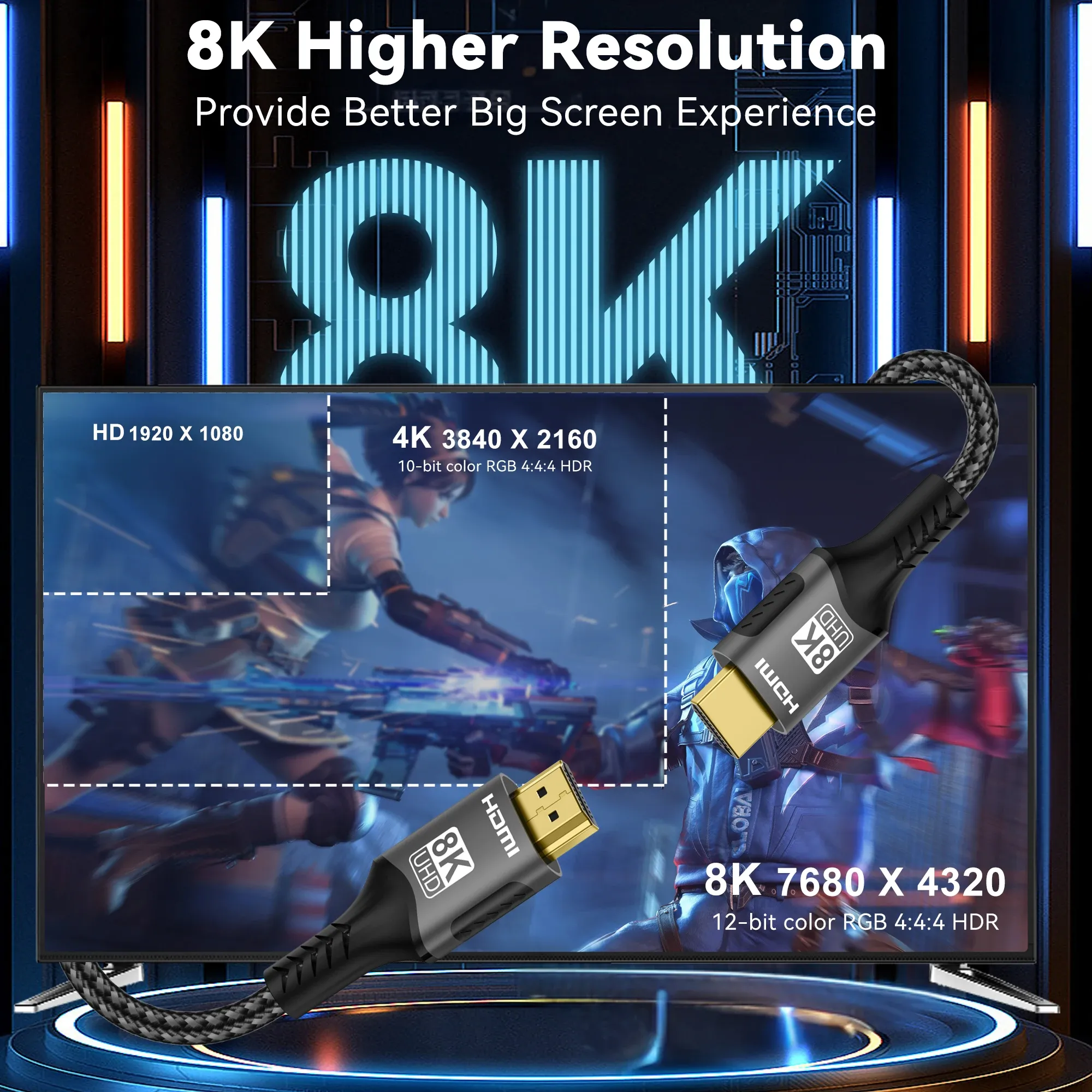 Câble HDMI 2.1 8K, compatible, 8K @ 60Hz, 48 Gbps, ARC, HDCP, HDR, ultra haute vitesse, pour câble vidéo RTX, PC, ordinateur portable, projecteur, TV HD 4K @ 120Hz 5