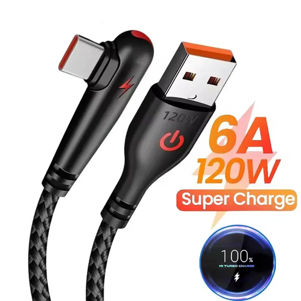 Câble de charge rapide USB vers USB-C, 6 A / 120 W, longueurs 0,25 m, 1 m, 1,5 m et 2 m, coudé à 90 degrés, câble de données tressé USB-C