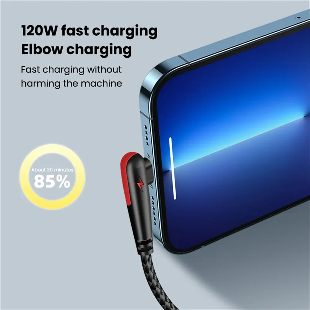 Câble de charge rapide USB vers USB-C, 6 A / 120 W, longueurs 0,25 m, 1 m, 1,5 m et 2 m, coudé à 90 degrés, câble de données tressé USB-C 2
