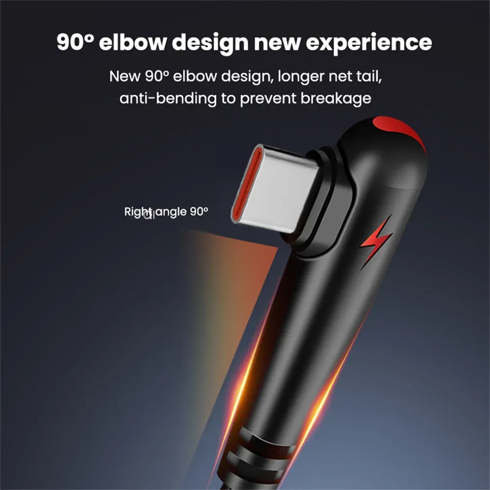 Câble de charge rapide USB vers USB-C, 6 A / 120 W, longueurs 0,25 m, 1 m, 1,5 m et 2 m, coudé à 90 degrés, câble de données tressé USB-C 5