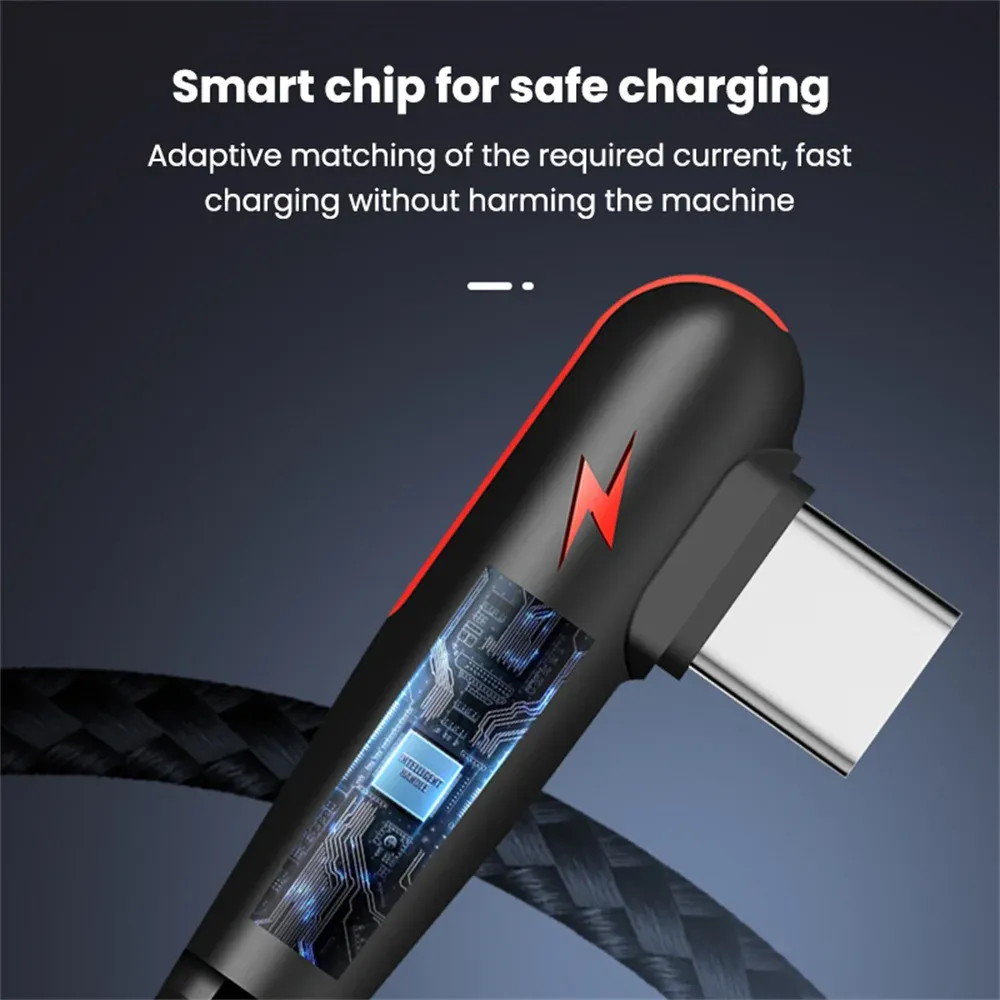 Câble de charge rapide USB vers USB-C, 6 A / 120 W, longueurs 0,25 m, 1 m, 1,5 m et 2 m, coudé à 90 degrés, câble de données tressé USB-C 6