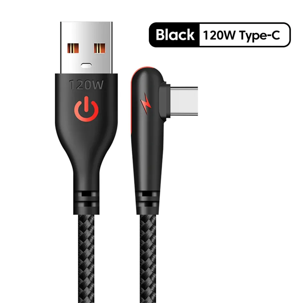 Câble de charge rapide USB vers USB-C, 6 A / 120 W, longueurs 0,25 m, 1 m, 1,5 m et 2 m, coudé à 90 degrés, câble de données tressé USB-C 9