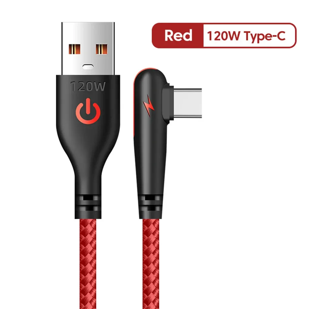 Câble de charge rapide USB vers USB-C, 6 A / 120 W, longueurs 0,25 m, 1 m, 1,5 m et 2 m, coudé à 90 degrés, câble de données tressé USB-C 7
