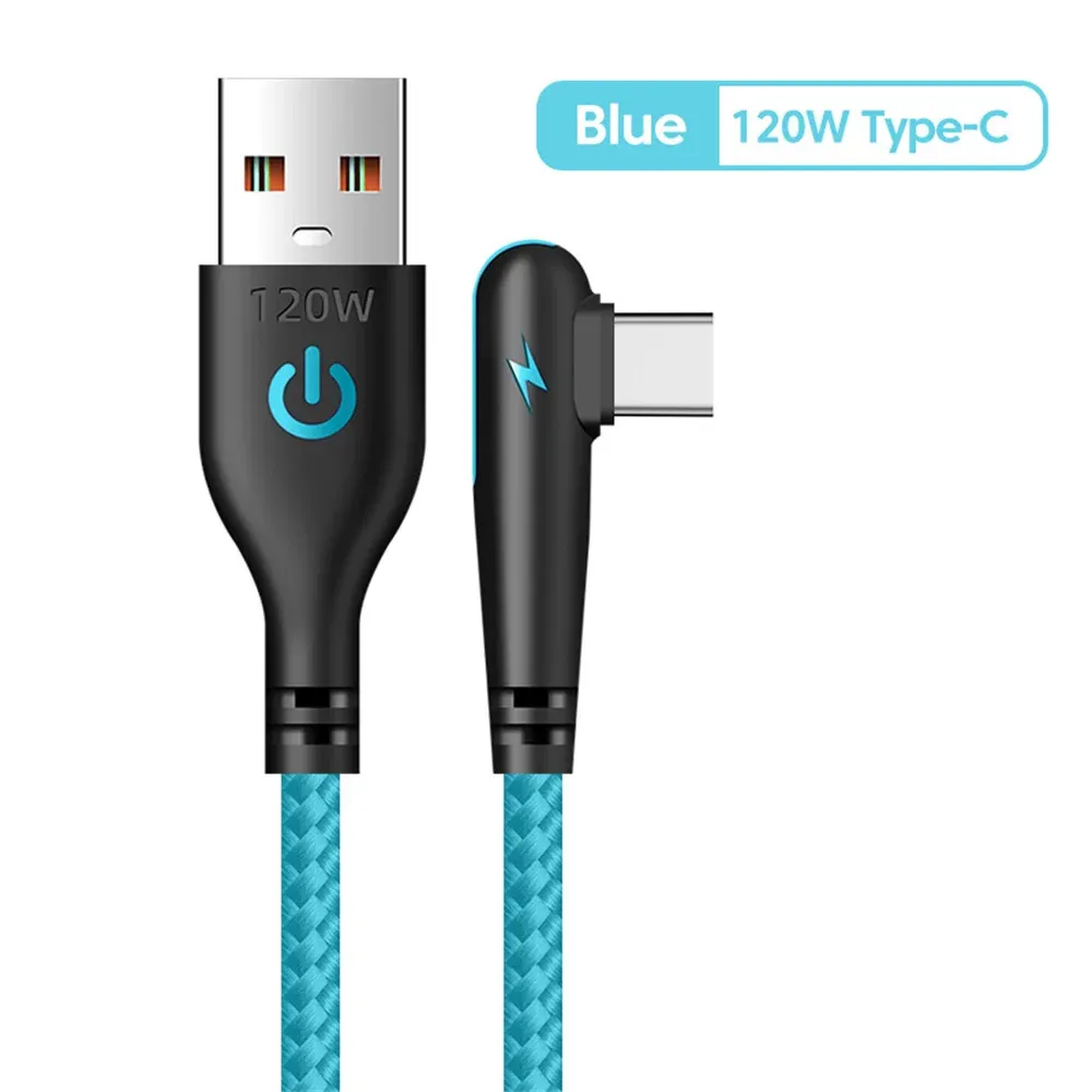 Câble de charge rapide USB vers USB-C, 6 A / 120 W, longueurs 0,25 m, 1 m, 1,5 m et 2 m, coudé à 90 degrés, câble de données tressé USB-C 8