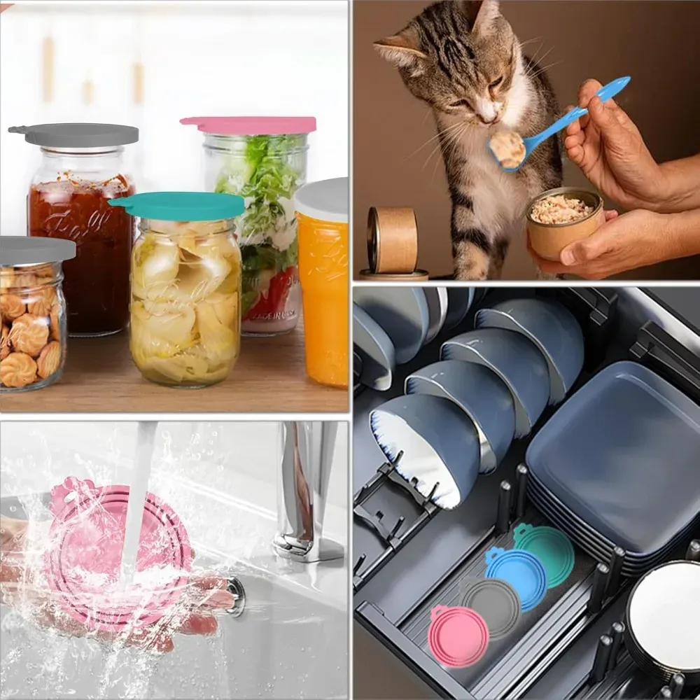 Couvercles universels en silicone pour boîtes de conserve pour animaux de compagnie, avec cuillères réutilisables pour aliments humides pour chats, compatibles avec la plupart des boîtes standard 6