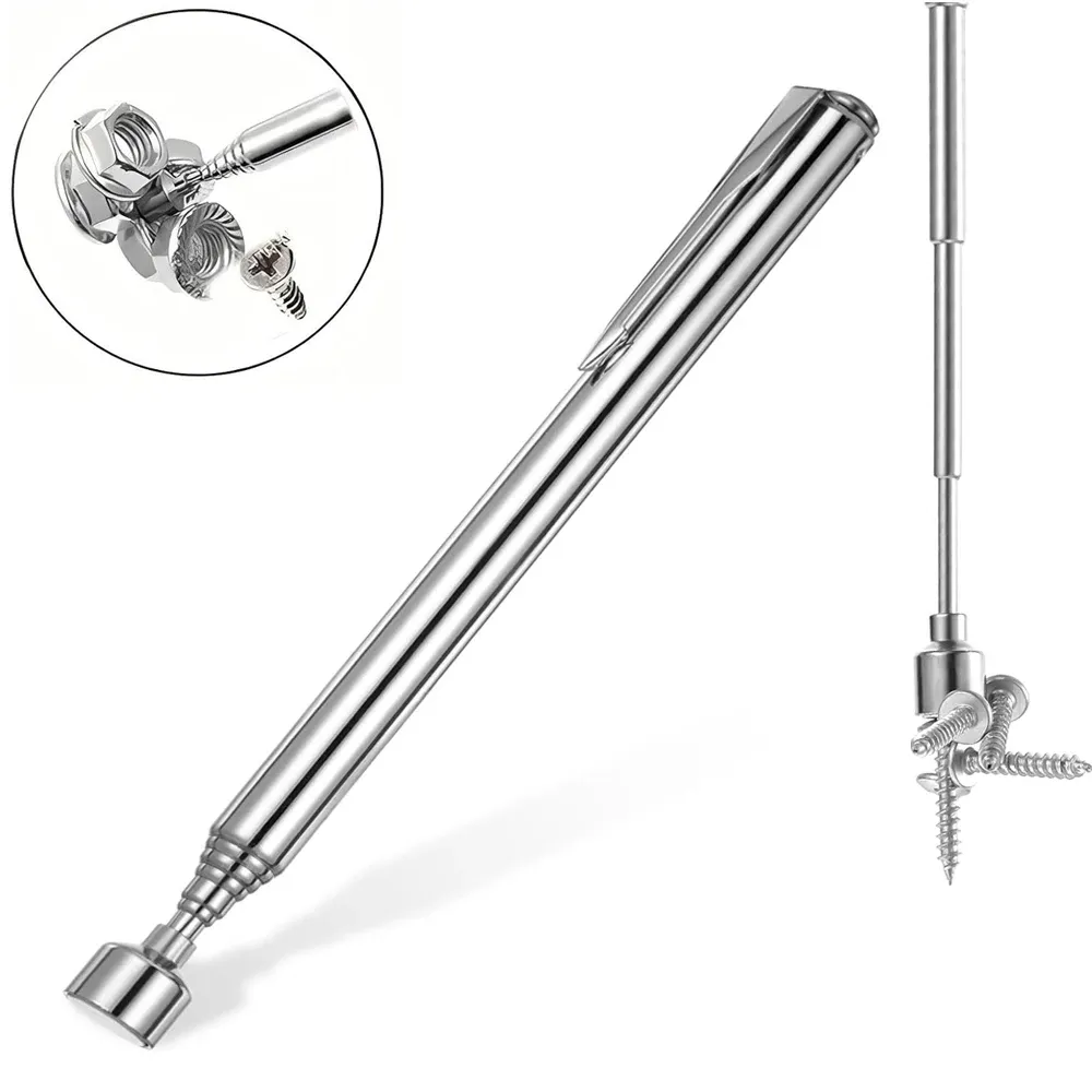 Tige de ramassage magnétique télescopique et rotative, portable, argentée, avec pince à stylo rétractable - Image 1