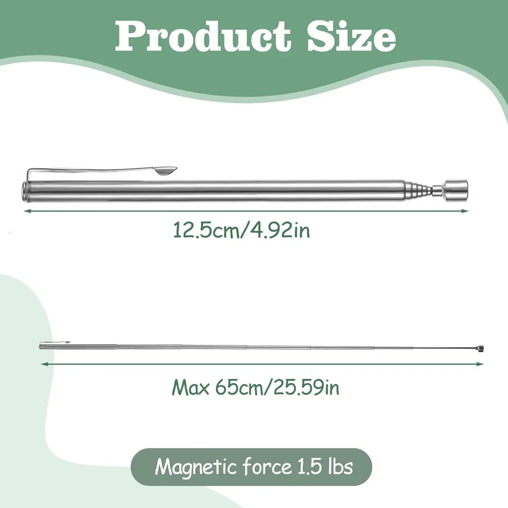 Tige de ramassage magnétique télescopique et rotative, portable, argentée, avec pince à stylo rétractable 2