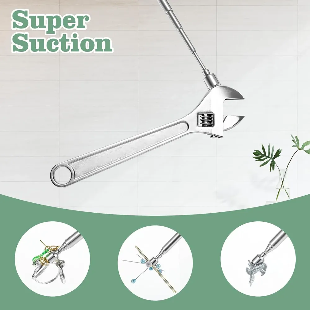 Tige de ramassage magnétique télescopique et rotative, portable, argentée, avec pince à stylo rétractable 5