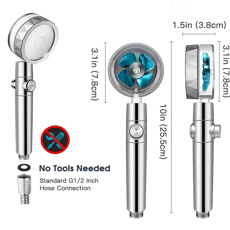 Pommeau de douche Turbo haute pression, rotation à 360°, économie d'eau, jet réglable, avec filtres 3