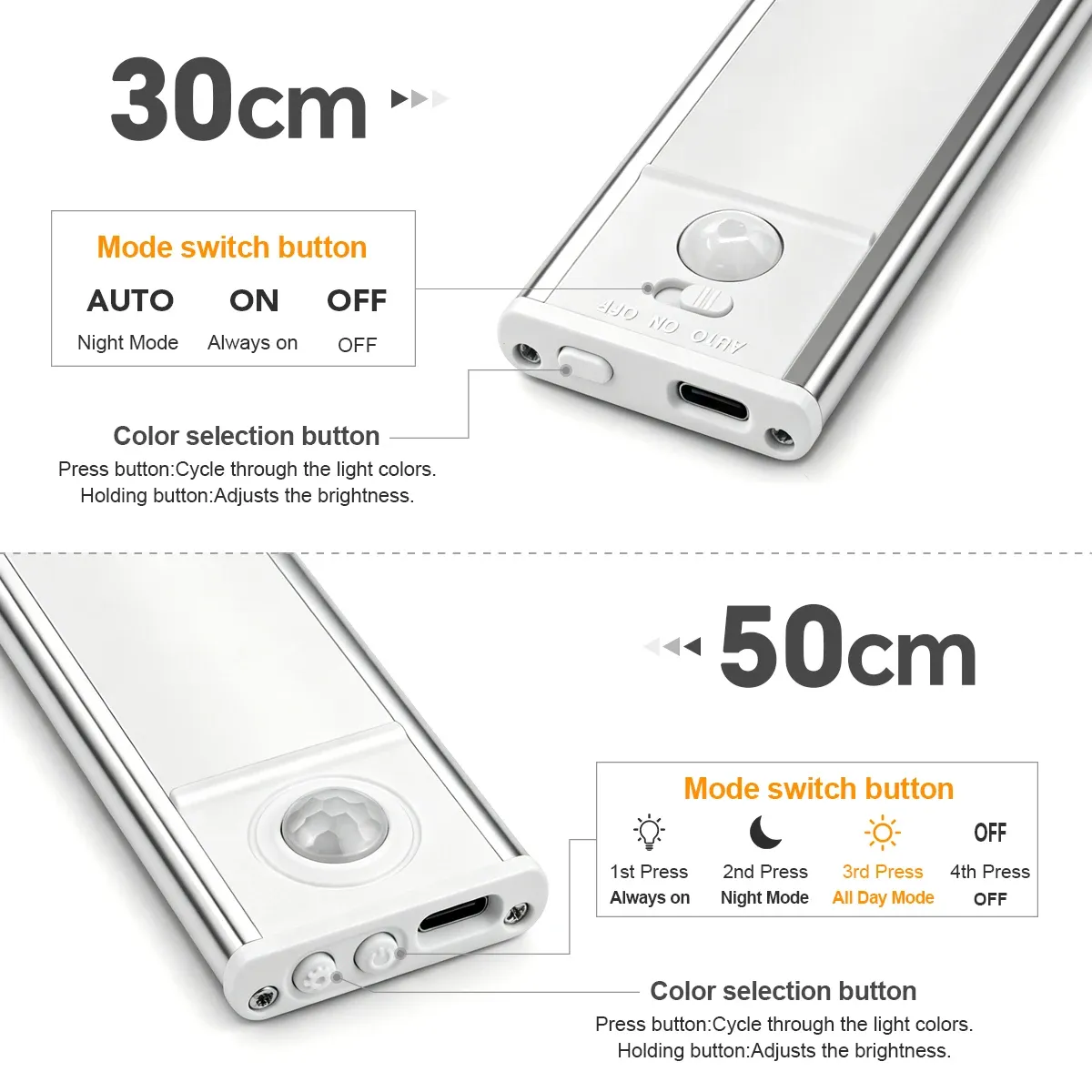 Lampe LED rechargeable à détecteur de mouvement 30/50 cm, ultra-fine, 3 couleurs réglables, idéale pour armoire 3