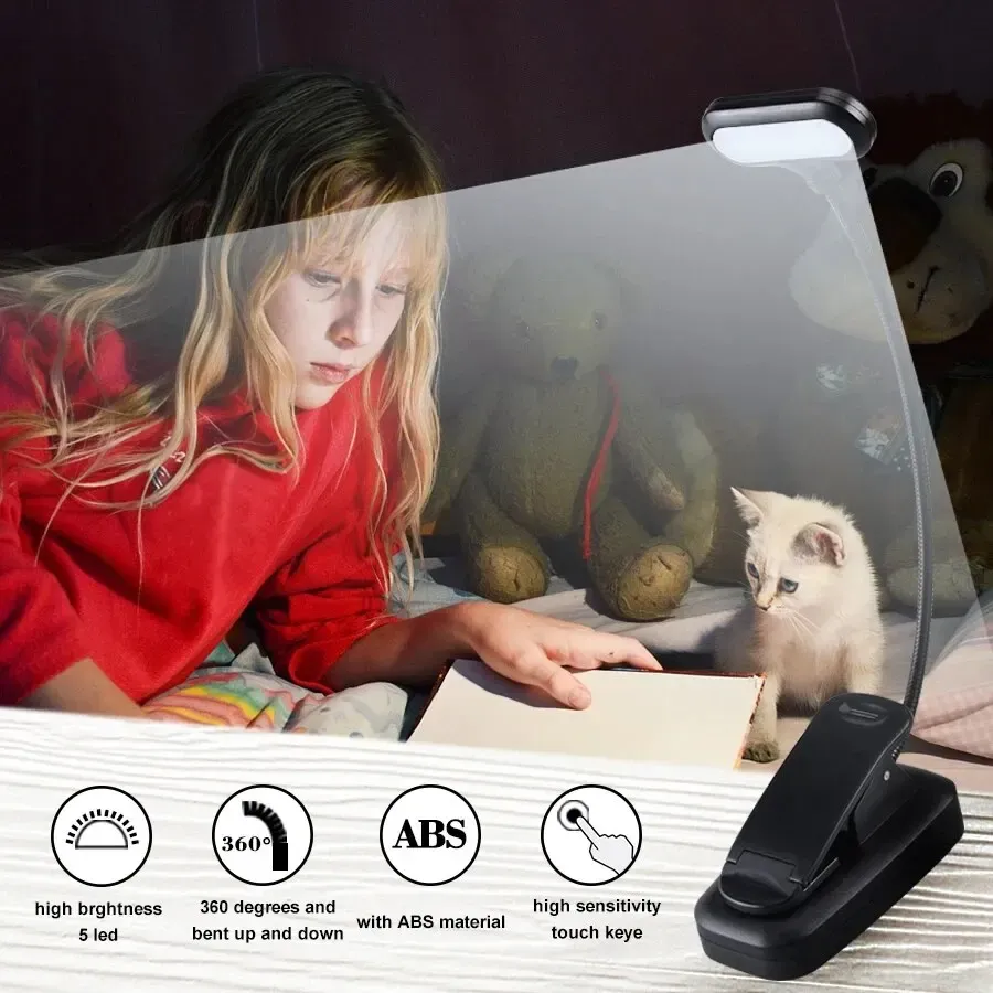Lampe LED flexible à pince pour livre, réglable et portable, alimentée par batterie 6