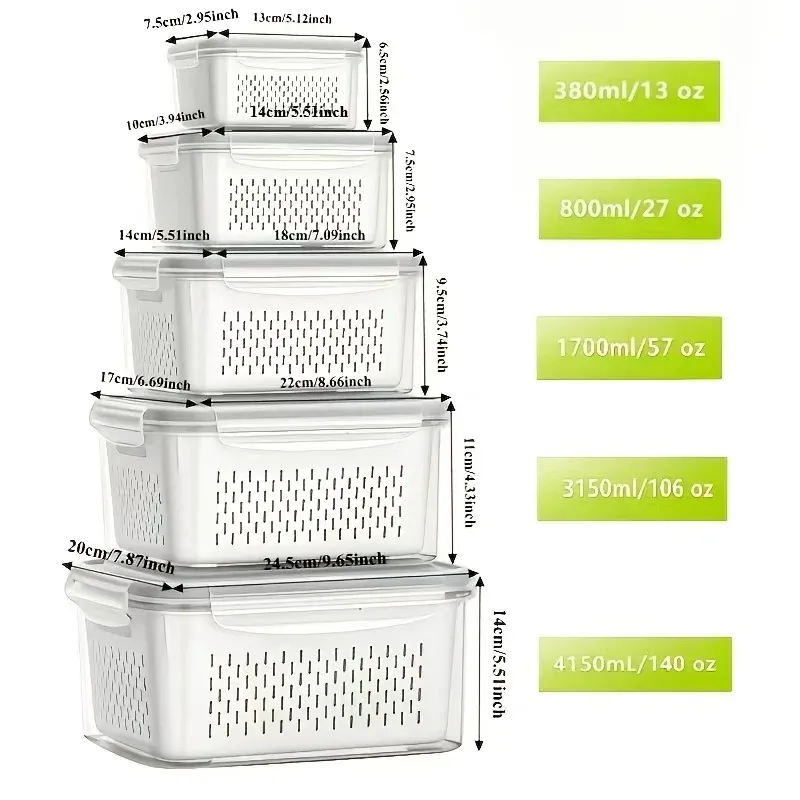 Lot de 6 Contenants de Rangement pour Fruits avec Passoire Amovible pour Réfrigérateur – Conservation Prolongée des Baies et Fruits Frais 6