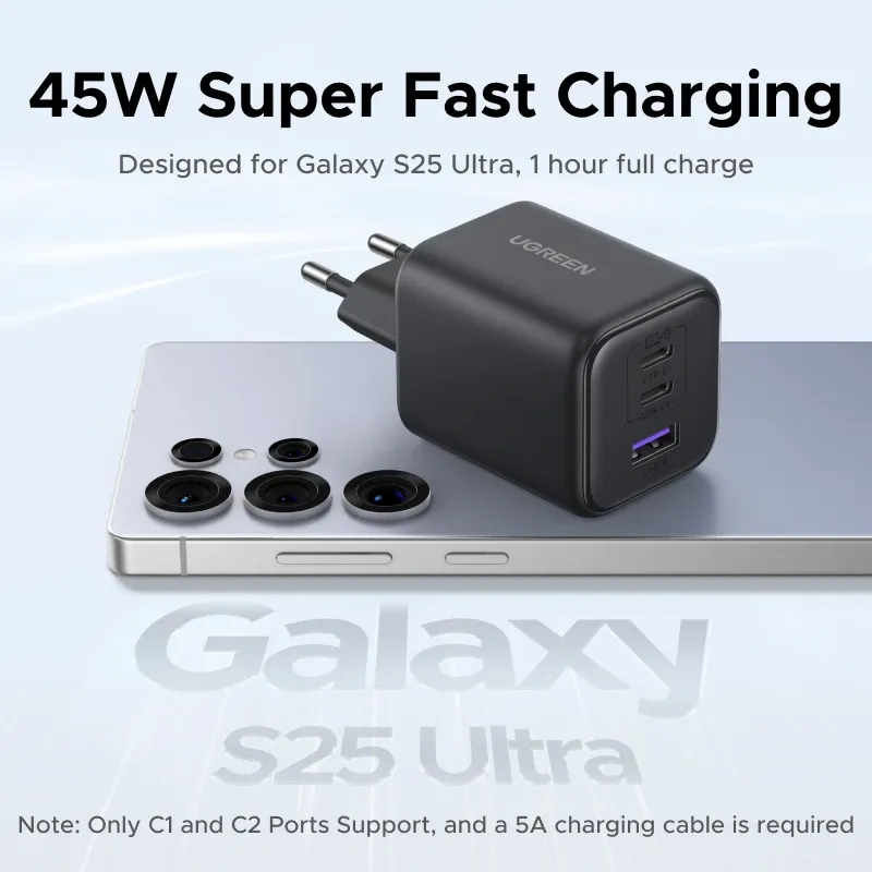 UGREEN Chargeur GaN 45W/30W/25W/20W, PD 3.0, PPS, QC 3.0, USB-C, charge rapide pour iPhone 16, 15, 14 Pro Max, Samsung S25, iPad Air (prise UE) 5