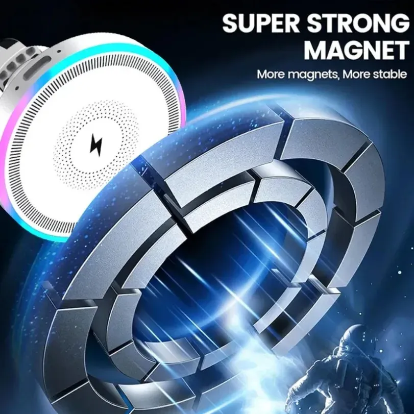 Support de téléphone magnétique pour voiture avec éclairage RGB, support de ventilation et chargeur sans fil compatible MagSafe pour iPhone 16, 15, 14, 13, 12 Pro Max, station de charge rapide 3