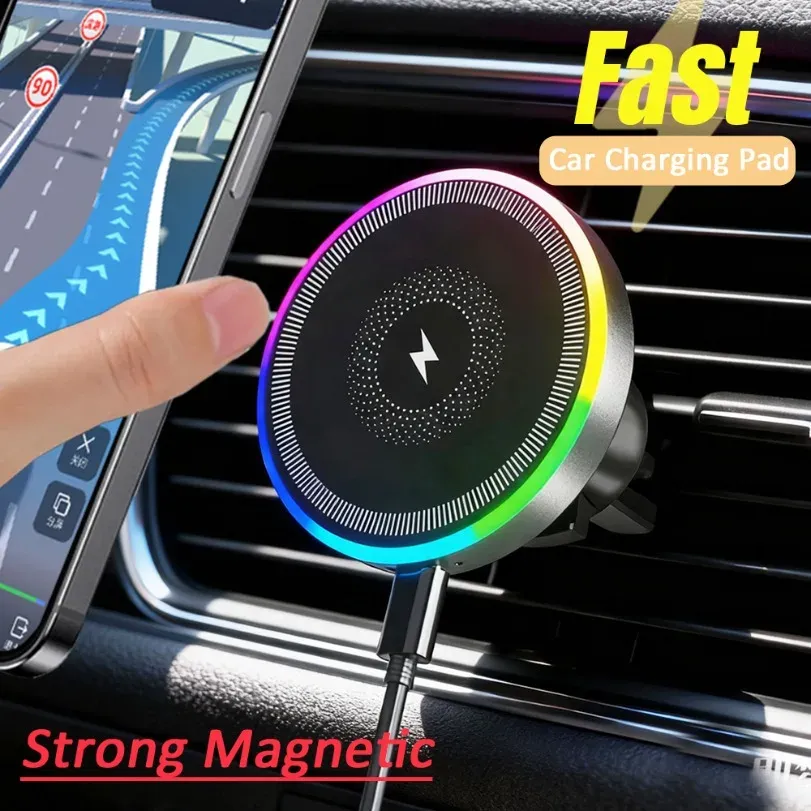 Support de téléphone magnétique pour voiture avec éclairage RGB, support de ventilation et chargeur sans fil compatible MagSafe pour iPhone 16, 15, 14, 13, 12 Pro Max, station de charge rapide