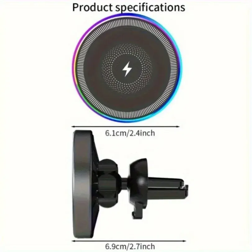 Support de téléphone magnétique pour voiture avec éclairage RGB, support de ventilation et chargeur sans fil compatible MagSafe pour iPhone 16, 15, 14, 13, 12 Pro Max, station de charge rapide 6