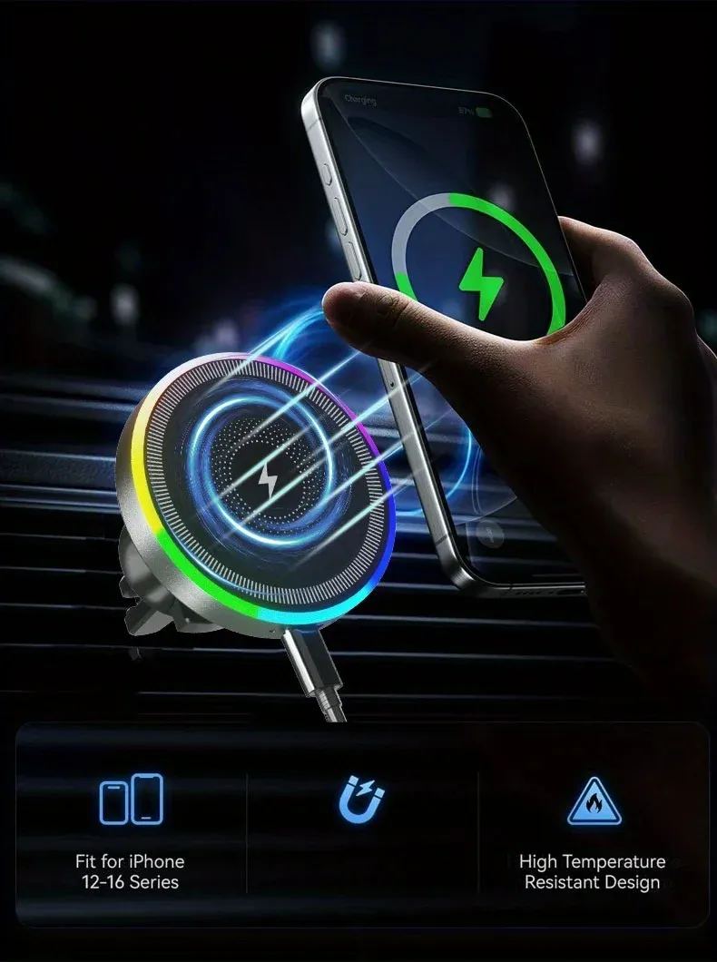 Support magnétique pour voiture avec charge sans fil installé sur la grille d'aération