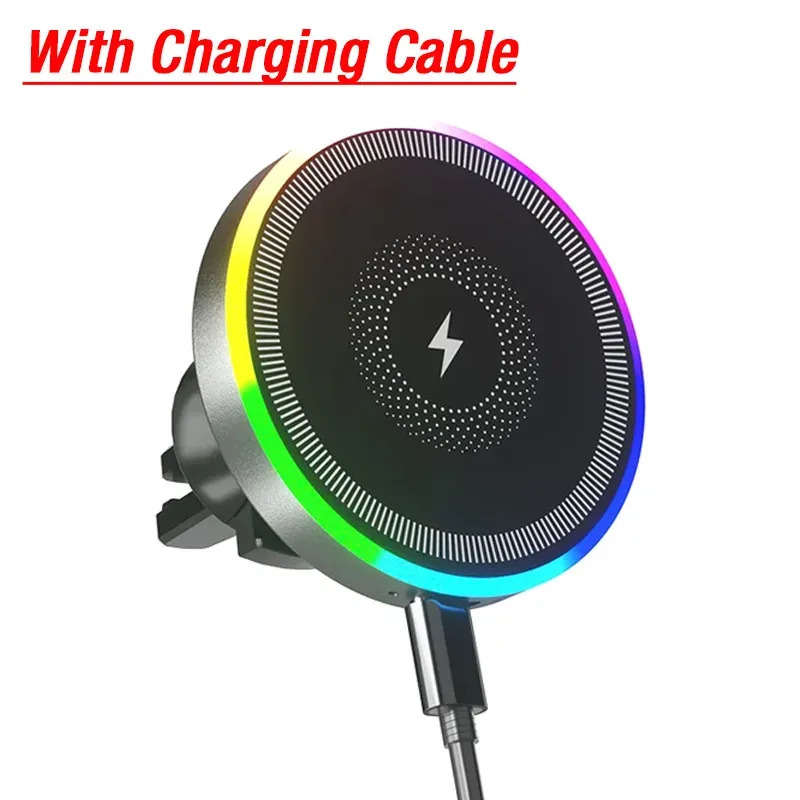 Support de téléphone magnétique pour voiture avec éclairage RGB, support de ventilation et chargeur sans fil compatible MagSafe pour iPhone 16, 15, 14, 13, 12 Pro Max, station de charge rapide 10