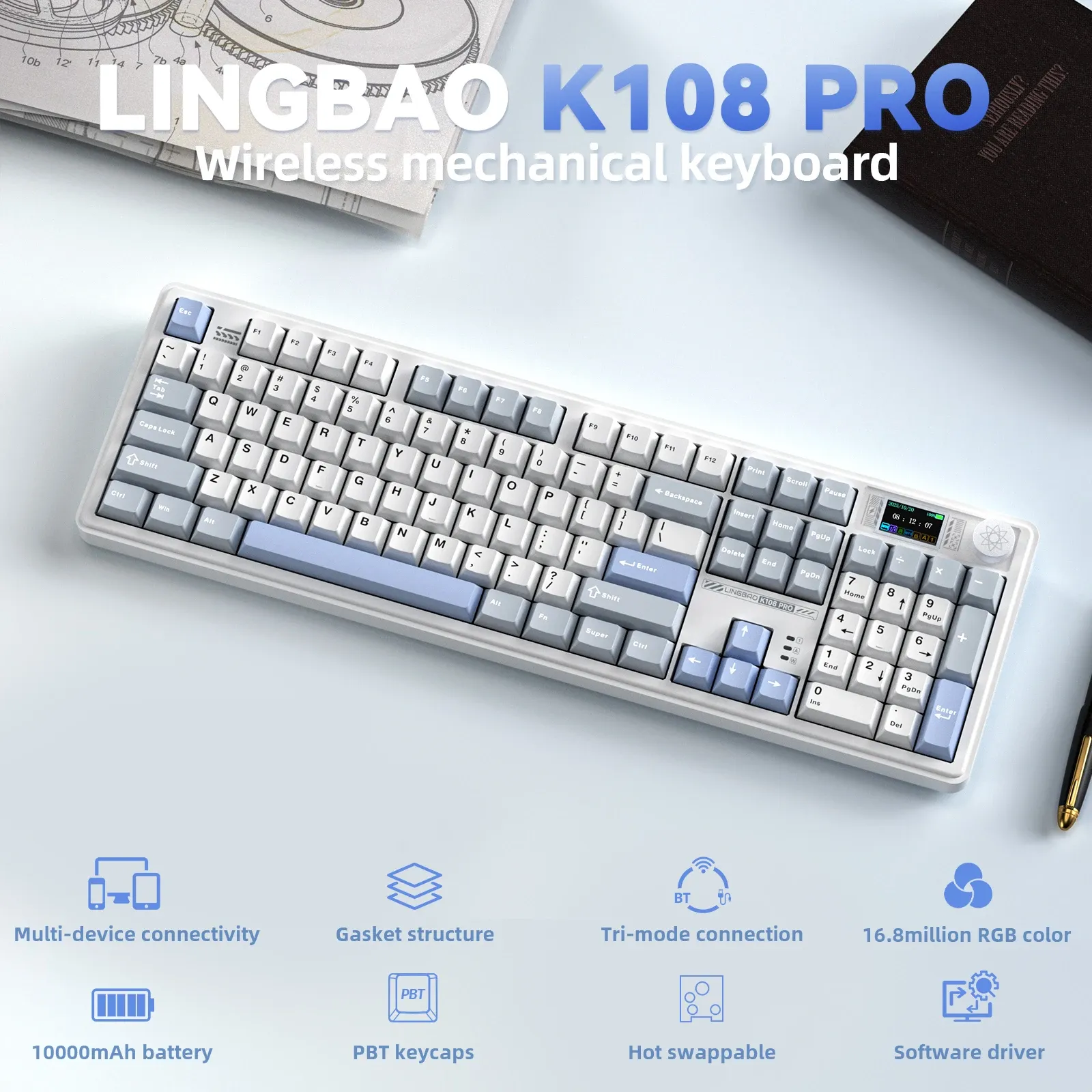 Clavier mécanique Tri-mode LINGBAO K108 Pro, lettres coréennes, couleur Macaron, keycaps PBT, batterie grande capacité 10000 mAh, pour ordinateur et PC - Image 1