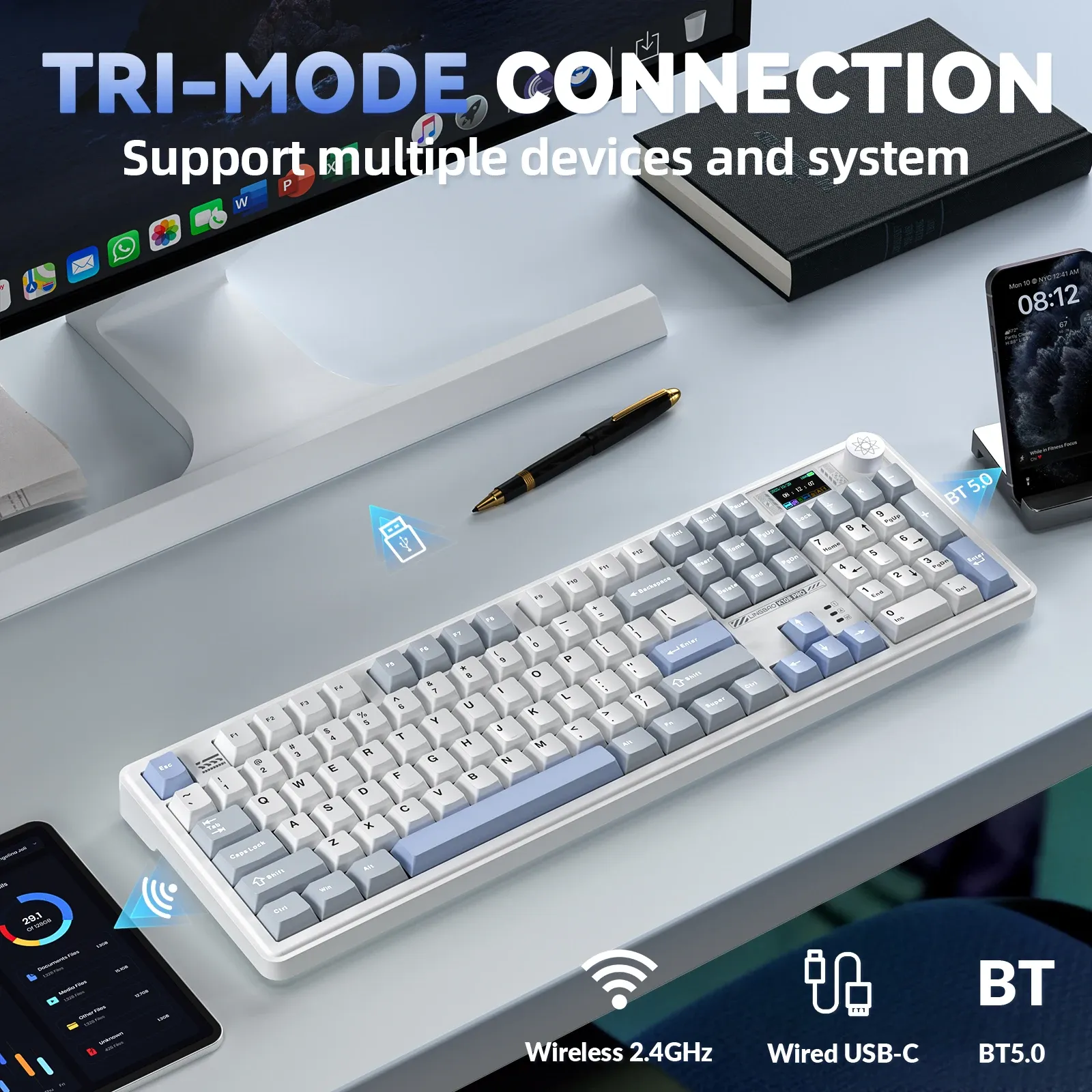 Clavier mécanique Tri-mode LINGBAO K108 Pro, lettres coréennes, couleur Macaron, keycaps PBT, batterie grande capacité 10000 mAh, pour ordinateur et PC 4