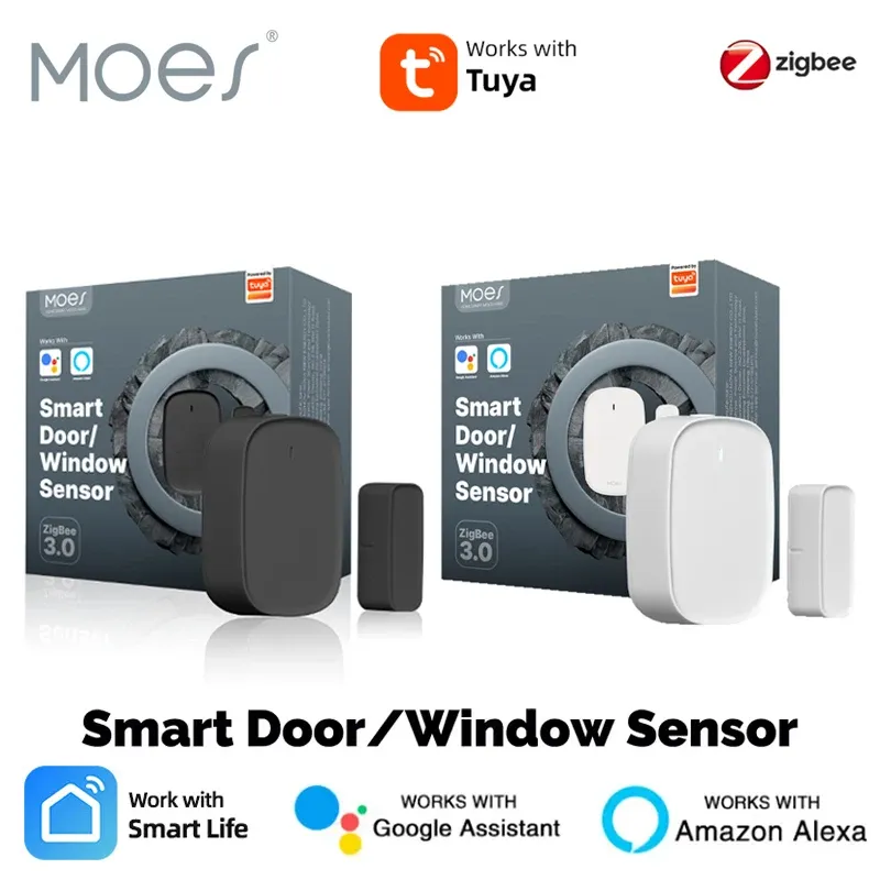 MOES Capteur de porte/fenêtre intelligent ZigBee Tuya, détecteur d'ouverture pour système d'alarme de sécurité domestique, compatible application Smart Life, Alexa et Google Home