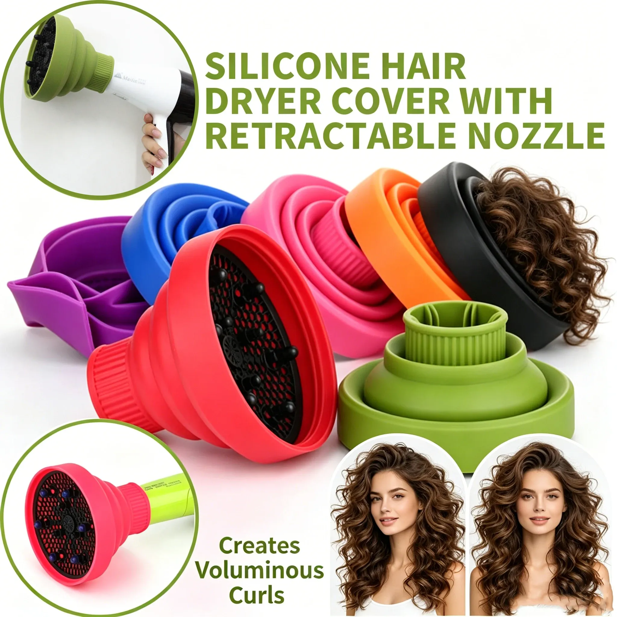 Diffuseur pliable en silicone pour sèche-cheveux, embout rétractable et portable, pour cheveux bouclés et ondulés
