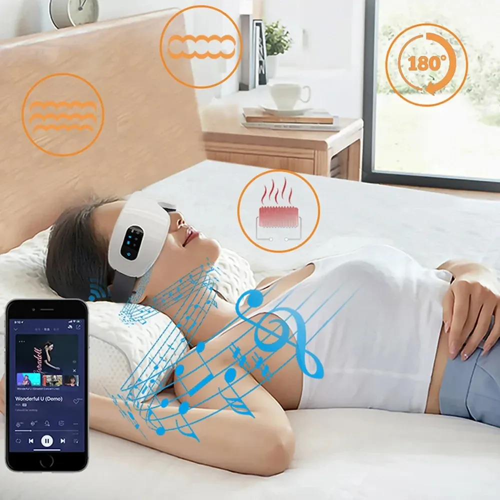 Masque de massage oculaire connecté porté en situation de détente