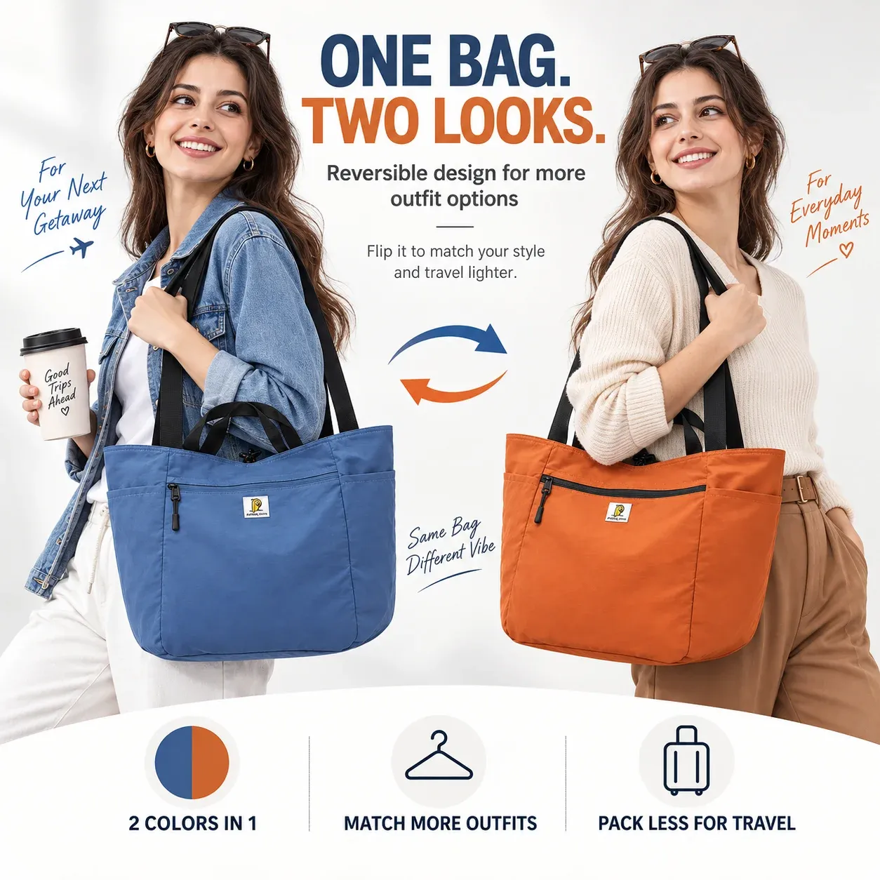 Sac fourre-tout de voyage réversible et pliable en toile, grande capacité, à bandoulière, mixte 2