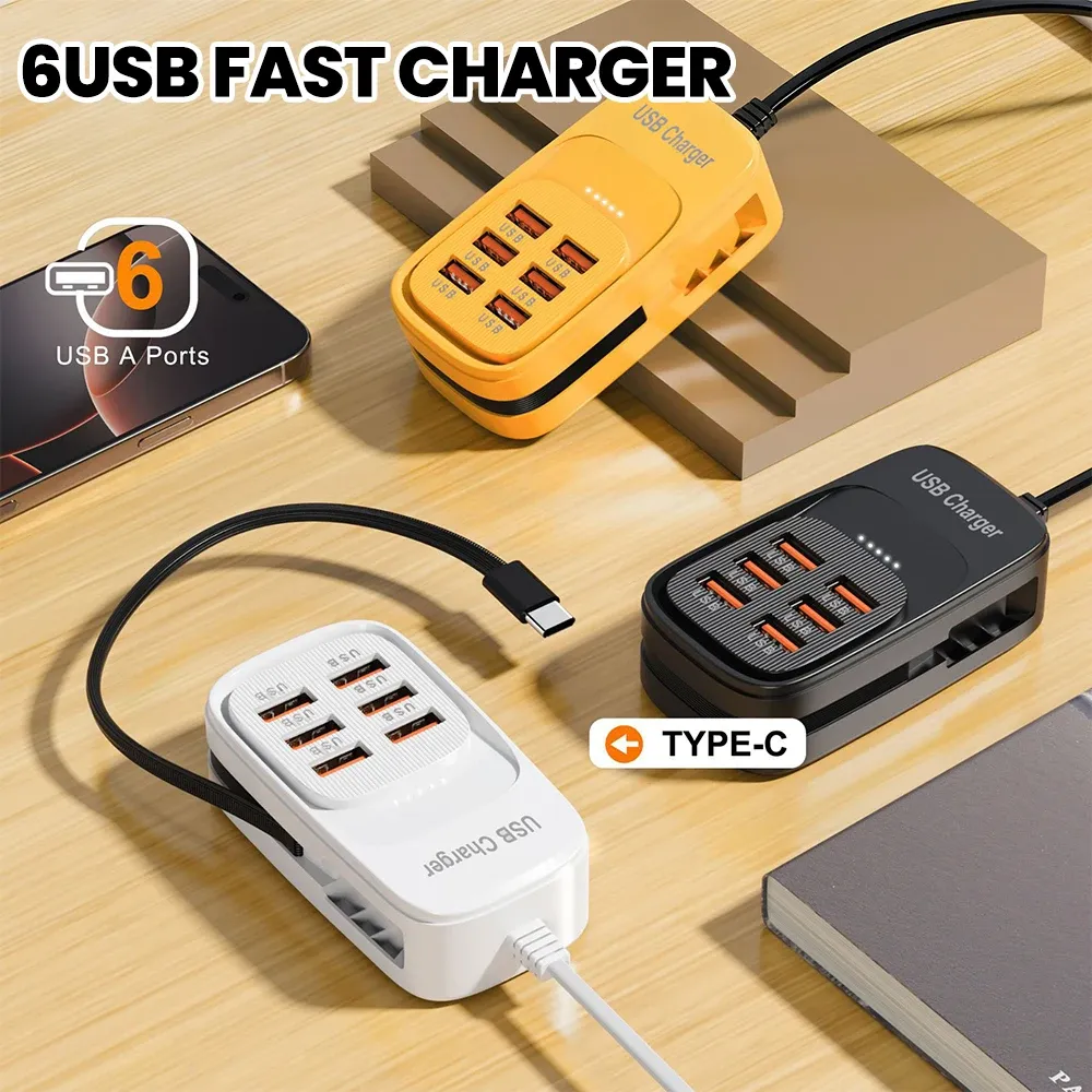 Station de charge USB multiport 6 en 1 avec 3 ports USB-C PD et 3 ports USB, bloc d'alimentation de bureau à charge rapide, prises EU, UK et US