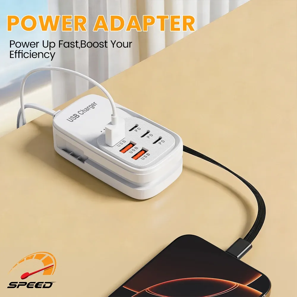 Station de charge USB multiport 6 en 1 avec 3 ports USB-C PD et 3 ports USB, bloc d'alimentation de bureau à charge rapide, prises EU, UK et US 4