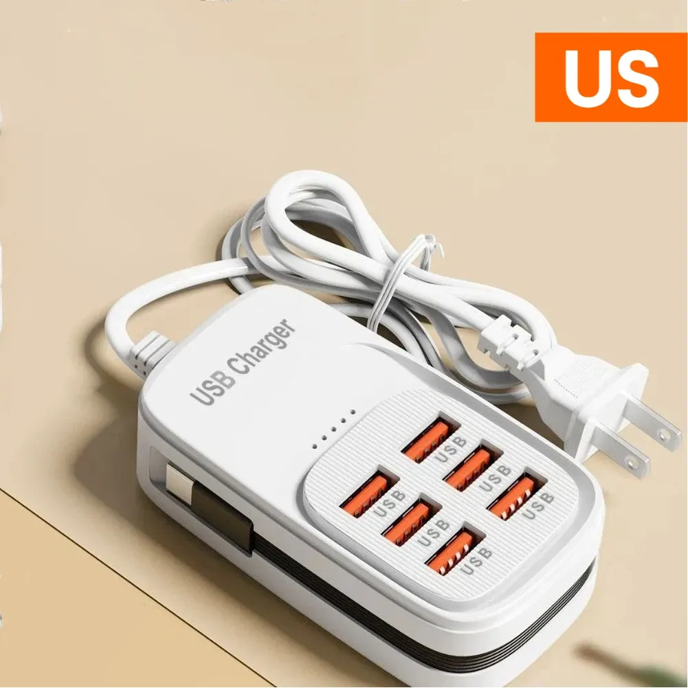 Station de charge USB multiport 6 en 1 avec 3 ports USB-C PD et 3 ports USB, bloc d'alimentation de bureau à charge rapide, prises EU, UK et US 10