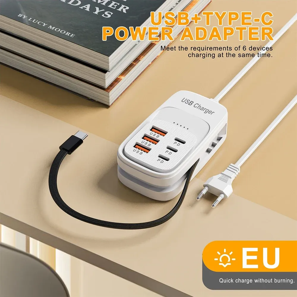 Station de charge USB multiport 6 en 1 avec 3 ports USB-C PD et 3 ports USB, bloc d'alimentation de bureau à charge rapide, prises EU, UK et US 12