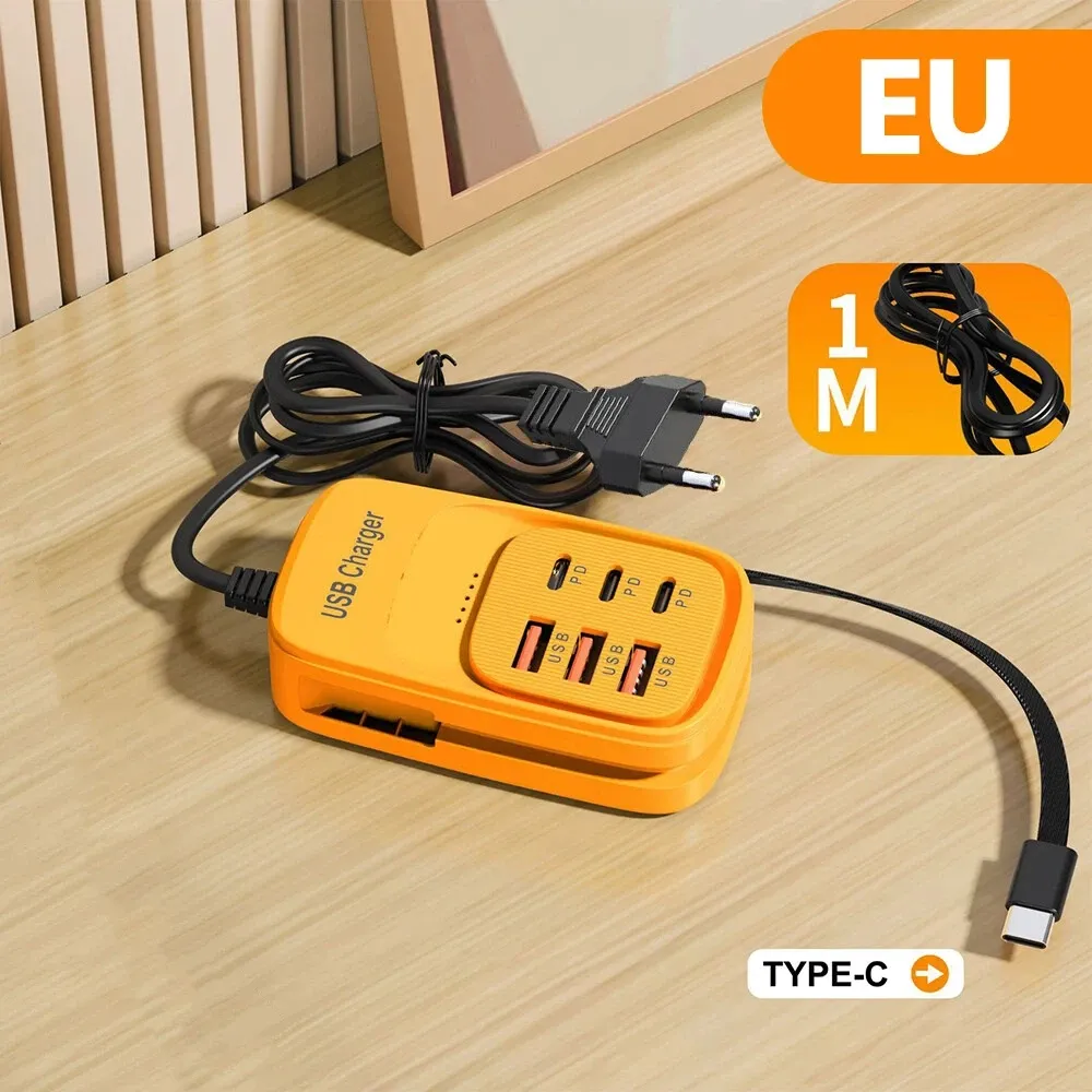 Station de charge USB multiport 6 en 1 avec 3 ports USB-C PD et 3 ports USB, bloc d'alimentation de bureau à charge rapide, prises EU, UK et US 9