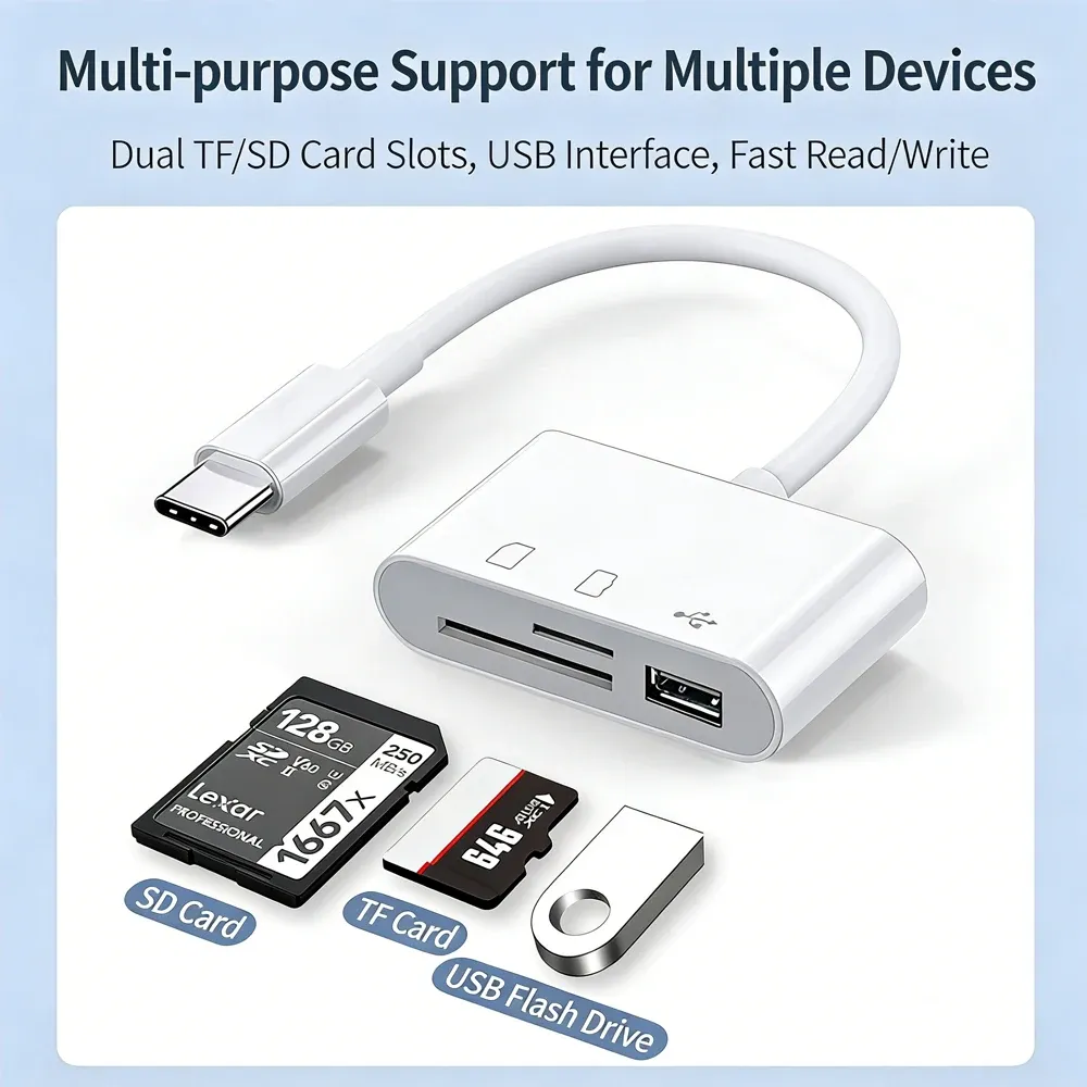 Adaptateur OTG USB-C 3 en 1 avec lecteur de cartes TF/SD pour smartphone 6