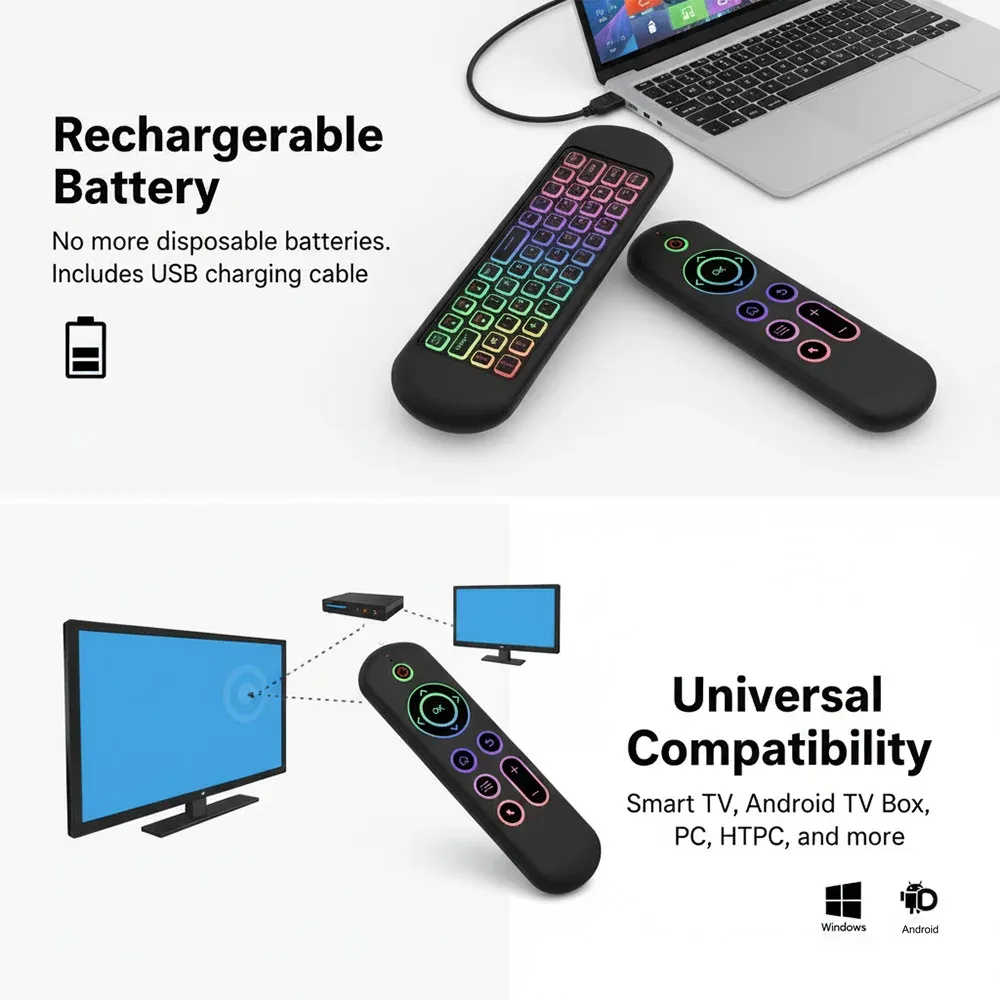 MRSVI Air Mouse télécommande M5 sans fil 2.4G et Bluetooth avec clavier, gyroscope rétroéclairé 7 couleurs pour Smart Android TV Box et PC 2