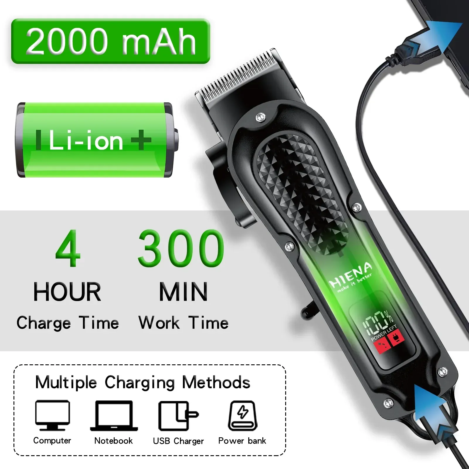 Tondeuse à cheveux électrique Hiena HYN-212 sans fil rechargeable USB, tondeuse à barbe pour hommes, outil de coupe 2
