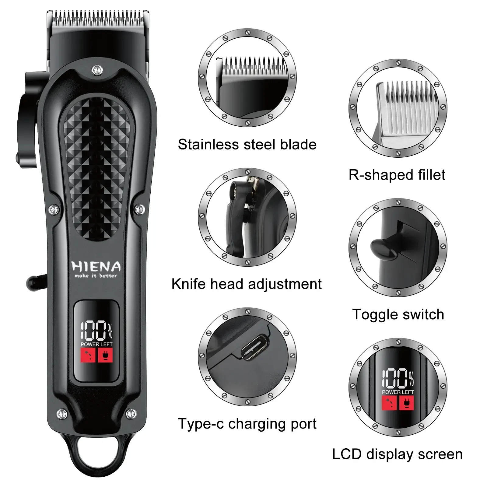 Tondeuse à cheveux électrique Hiena HYN-212 sans fil rechargeable USB, tondeuse à barbe pour hommes, outil de coupe 5