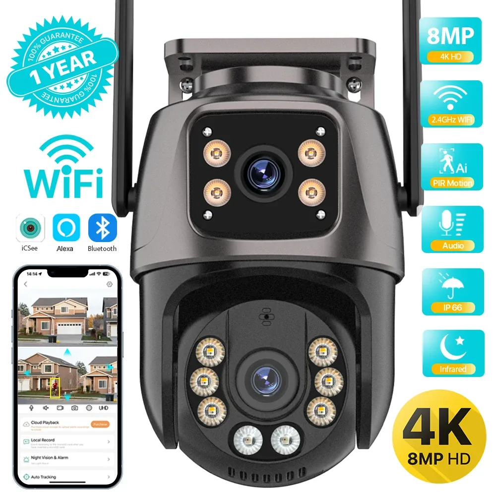 Caméra PTZ Wi-Fi extérieure 4K 8MP à double objectif et double écran, suivi automatique IA, caméra IP CCTV avec audio, vidéosurveillance P2P compatible iCSee