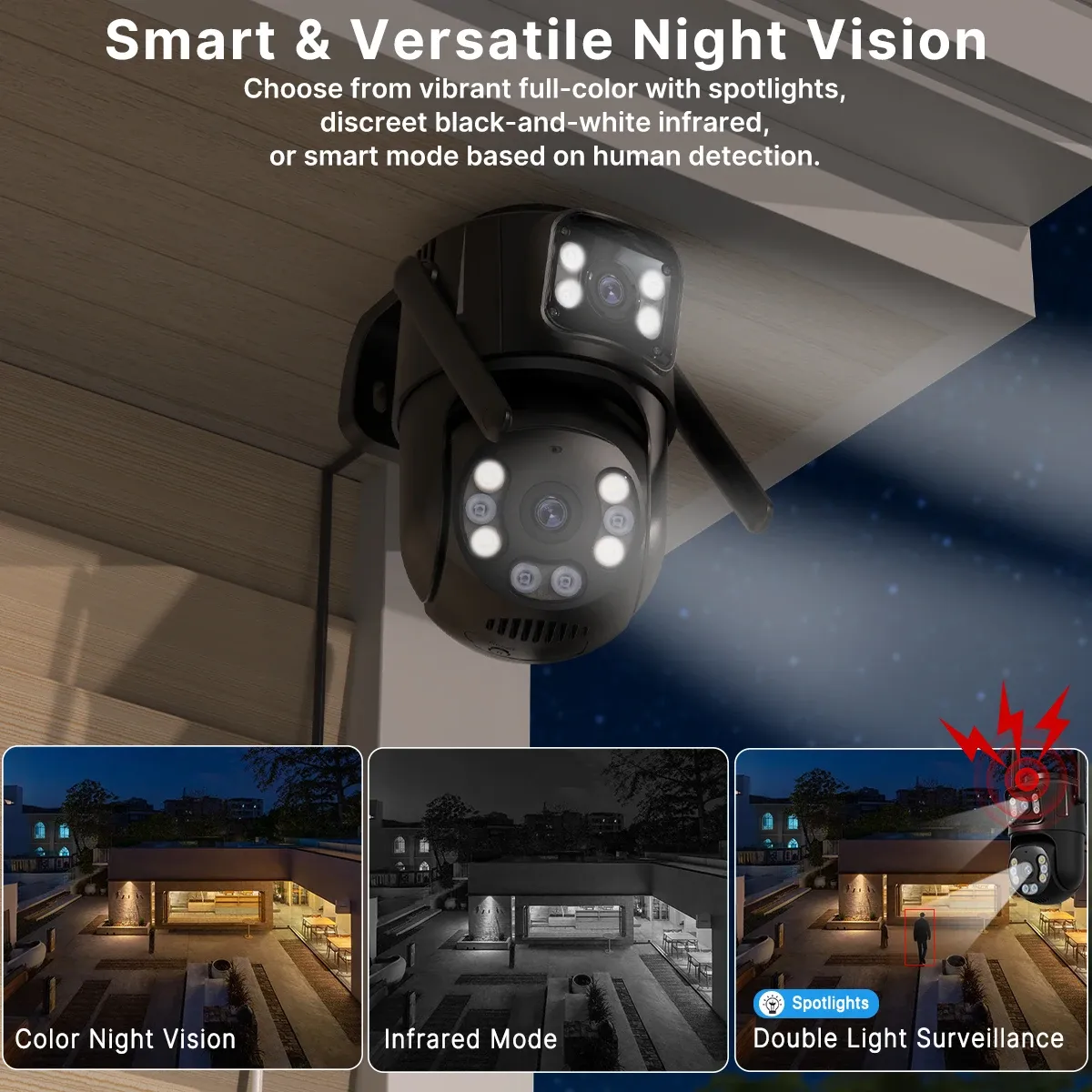 Caméra PTZ Wi-Fi extérieure 4K 8MP à double objectif et double écran, suivi automatique IA, caméra IP CCTV avec audio, vidéosurveillance P2P compatible iCSee 5
