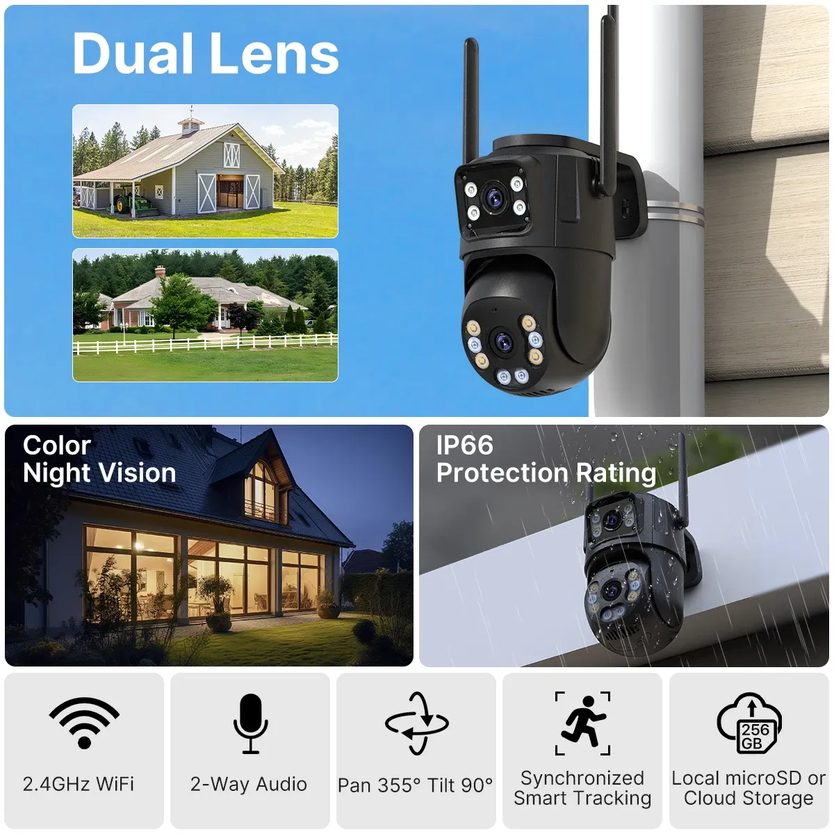 Caméra de surveillance extérieure PTZ à double objectif