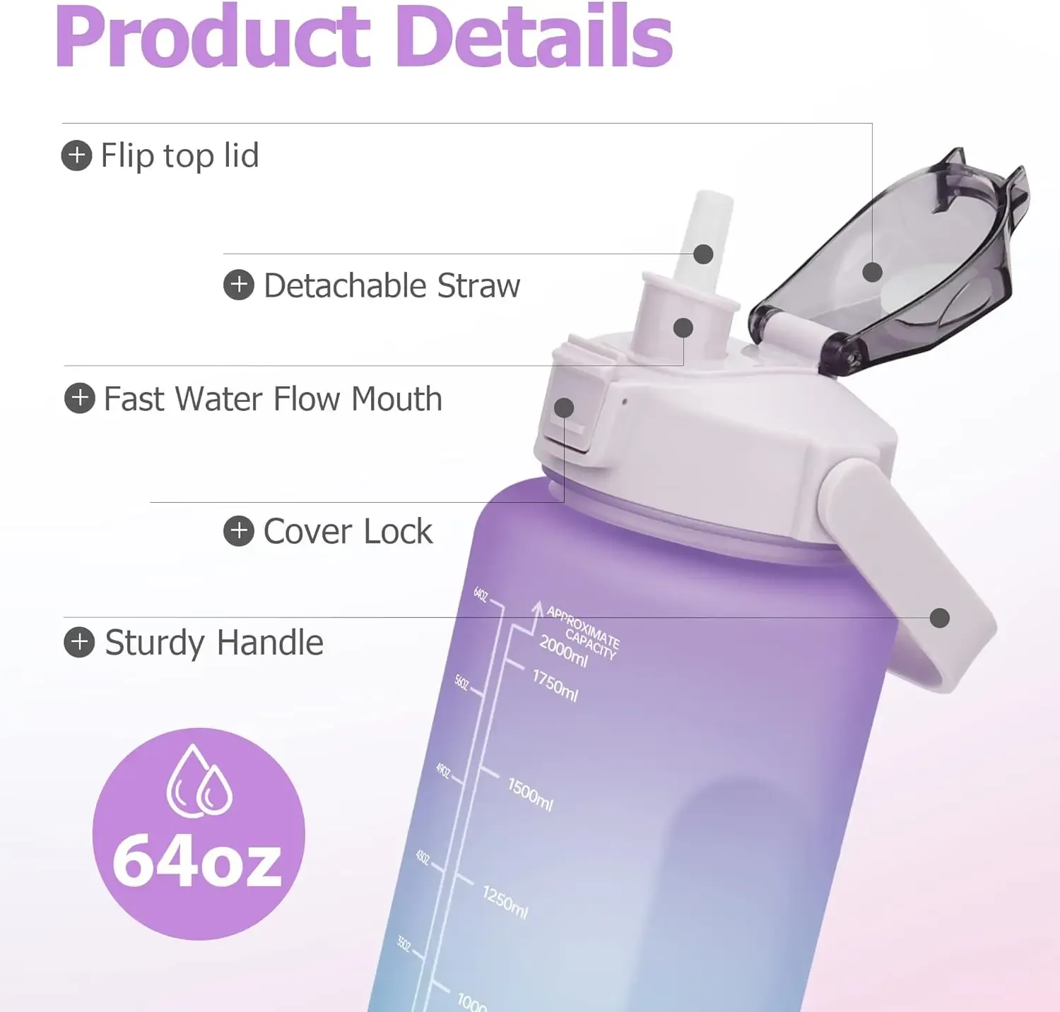 Bouteille d'eau 2 L avec paille, grande capacité, pour le sport et les voyages, gourde portable avec marqueur de temps 3